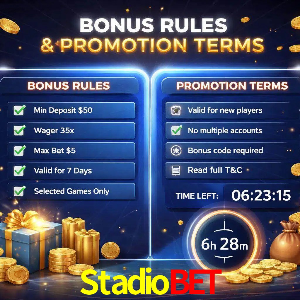 Reglas de promoción Stadiobet y condiciones de bonos explicadas visualmente