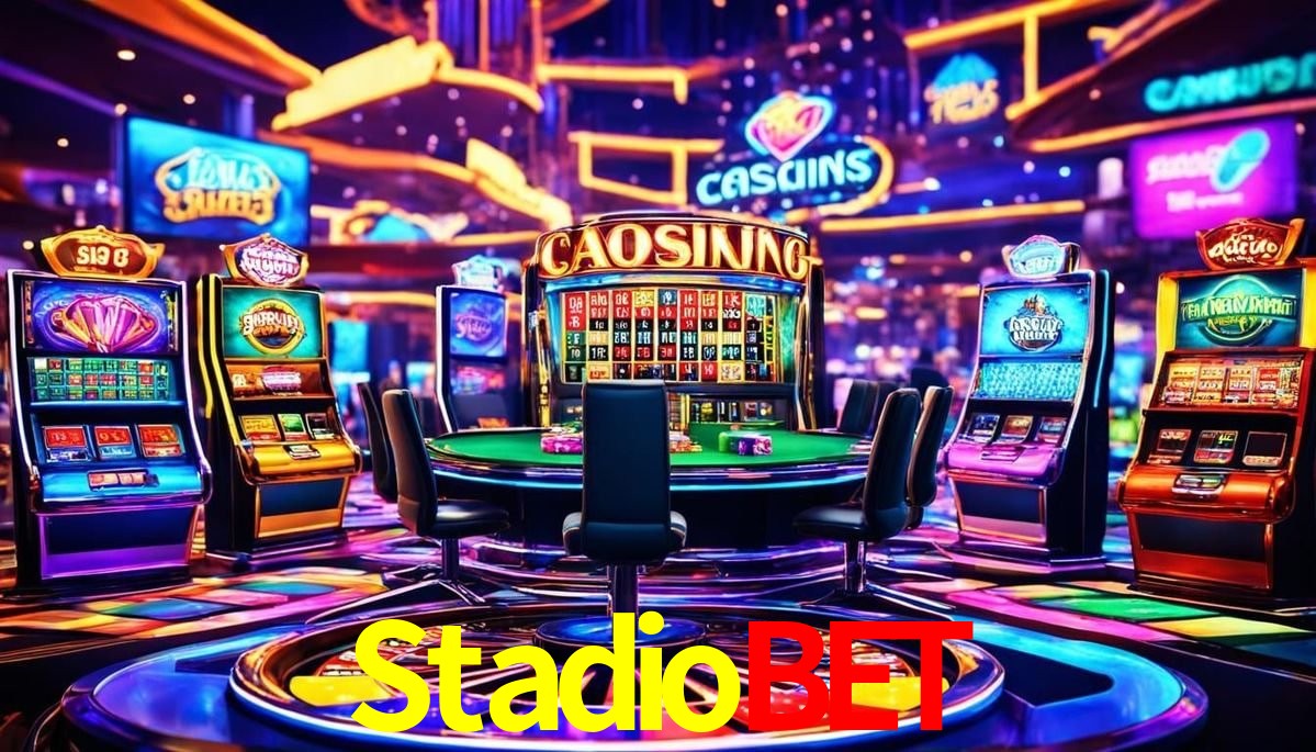 Escena dinámica inspirada en casino con iluminación Stadiobet, cartas, fichas e íconos de juegos digitales en un espacio moderno de juegos.