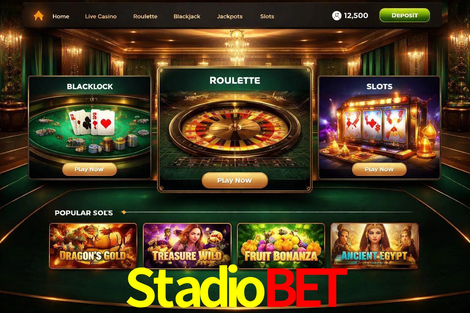 Vista de la plataforma Stadiobet Casino mostrando categorías organizadas de juegos en línea