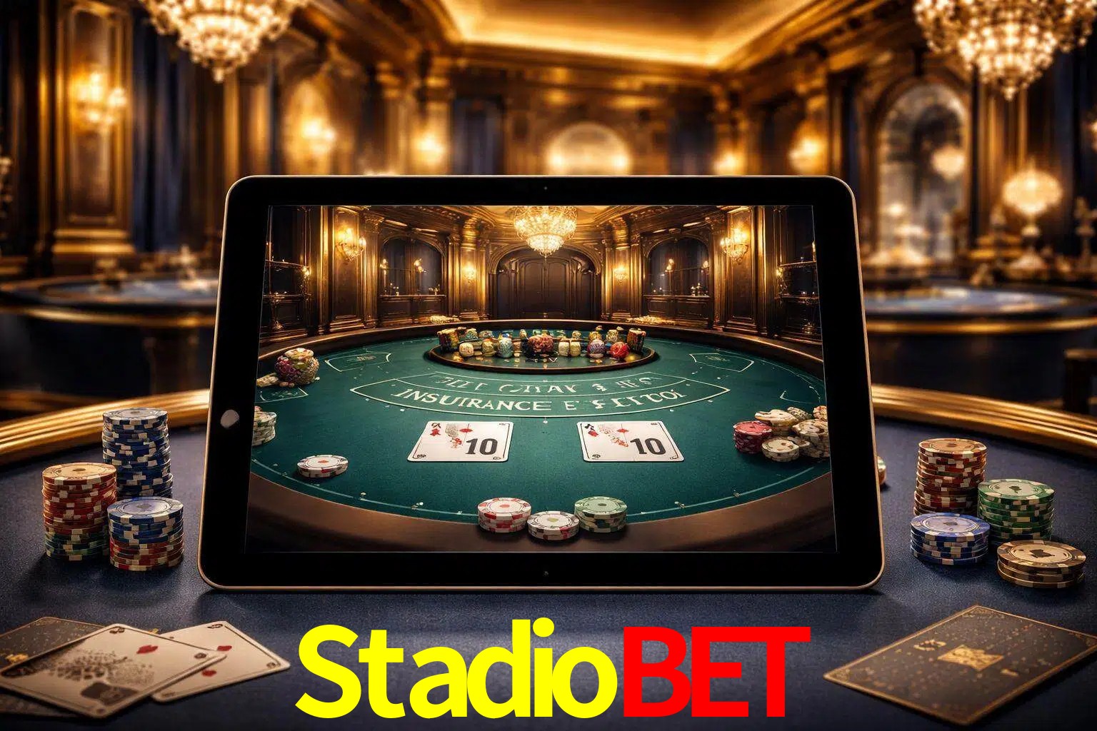 Configuración moderna de casino en vivo con una tableta mostrando una mesa de blackjack, luces cálidas de estudio y una atmósfera elegante de juegos digitales.