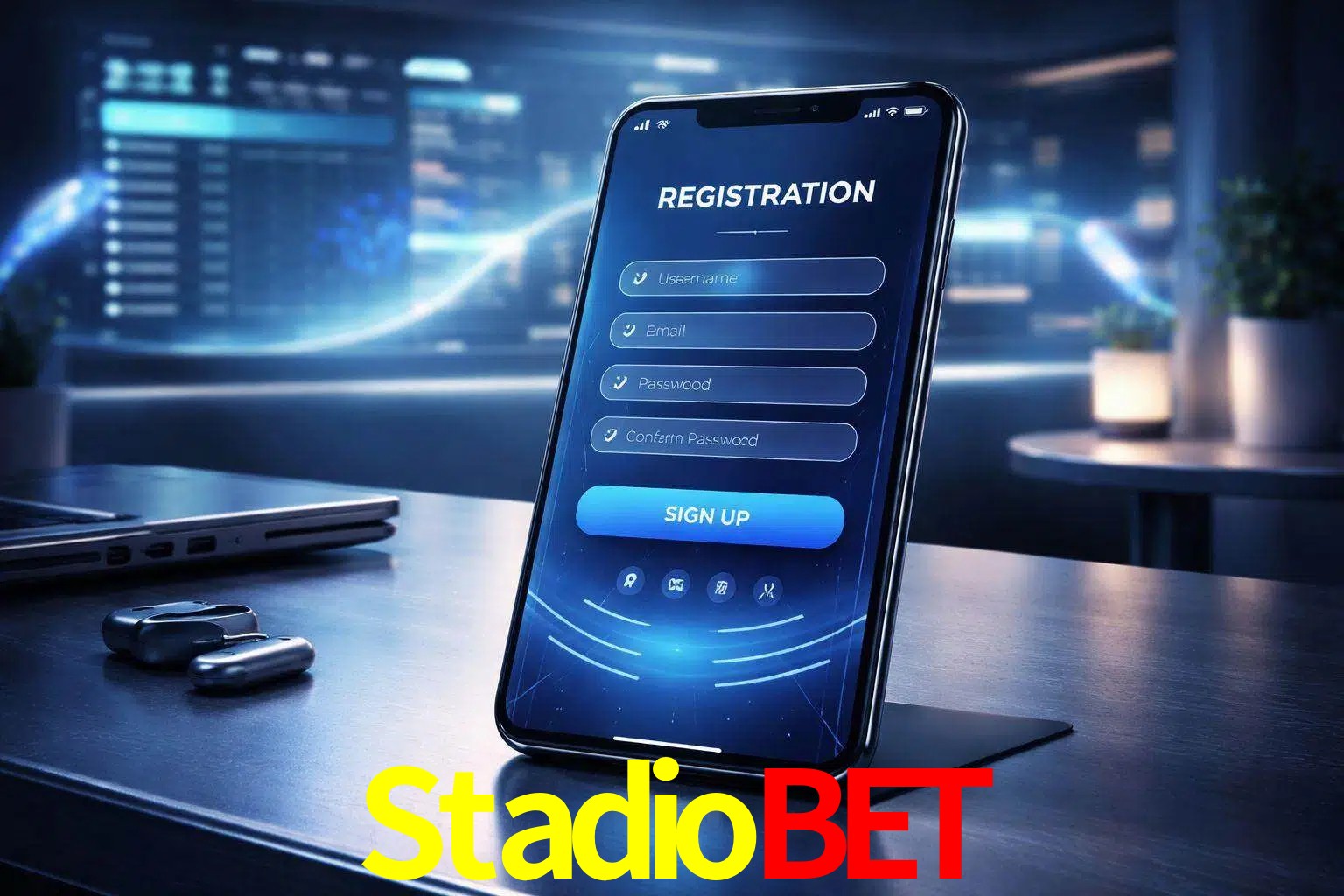 Una interfaz moderna de registro móvil para Stadiobet mostrada en un smartphone con un panel de apuestas elegante.